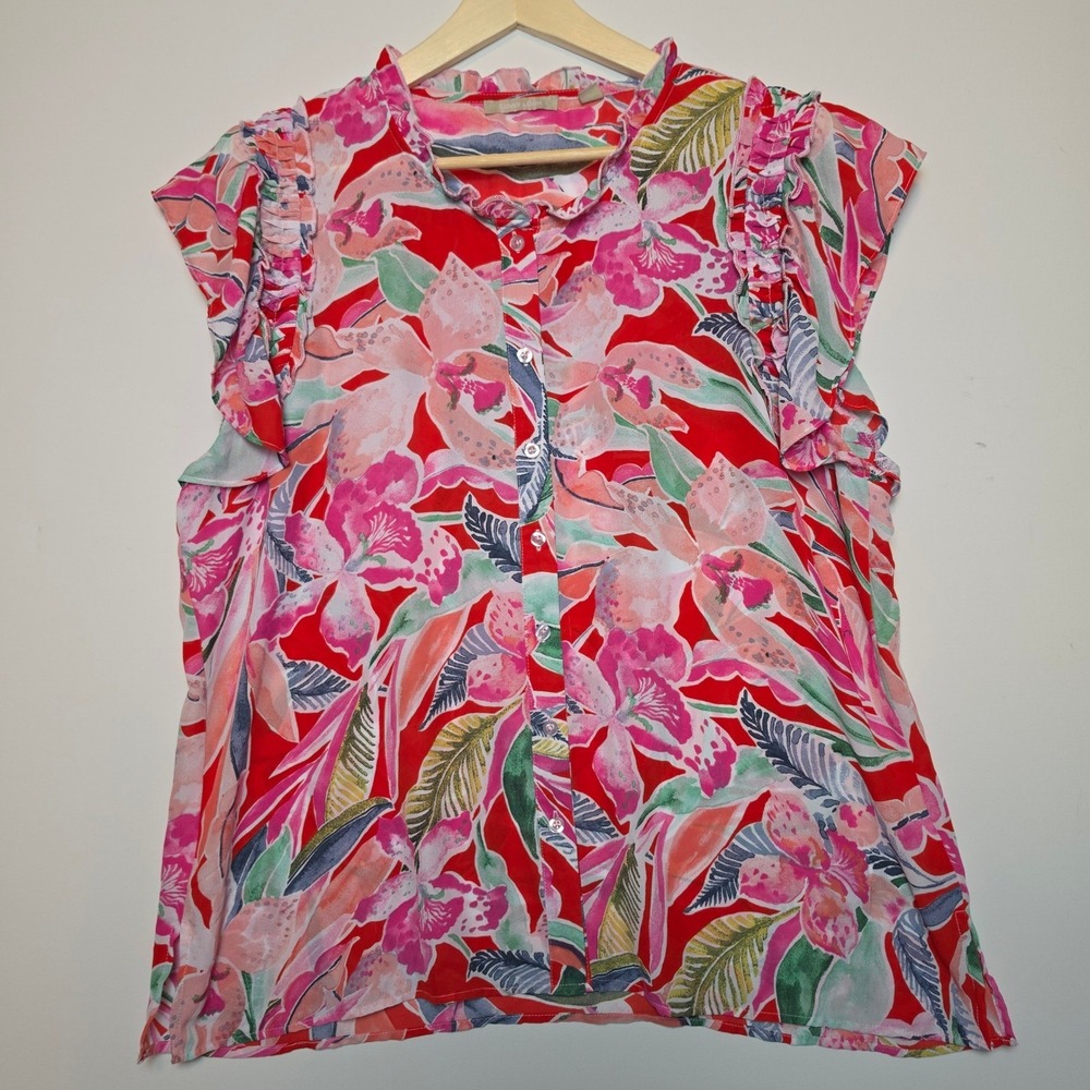 Sunny Leigh Tropical Floral Ruffle Sleeve Button Down Blouse Red Pink XL